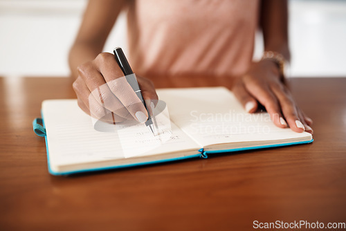 Image of Diary, writing and hands of woman with notebook for planning, creative ideas and reflection at home. Brainstorming, inspiration and female person write checklist, agenda and schedule in journal