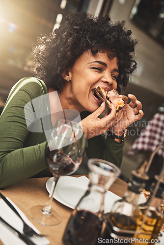 Image of Relax, girl and woman with pizza, restaurant and red wine on a weekend break, delicious and celebration. Female person, eating and lady with food, alcohol and drinking for event, party and hungry