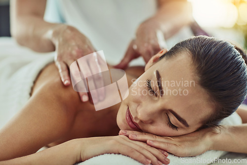 Image of Detox, beauty and massage with woman in spa for wellness, luxury and treatment. Skincare, peace and zen with female customer and hands of therapist for physical therapy, salon and relax