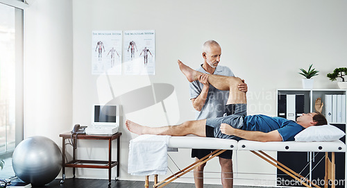 Image of Support, physiotherapist or patient with leg injury, recovery or healthcare for wellness. Male person, client or chiropractor with skills, stretching legs or consultation for physiotherapy or healing