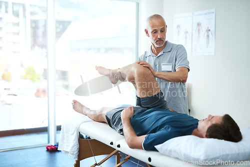 Image of Physical therapist, client and man with leg injury, healing and consultation for rehabilitation. Male person, customer and chiropractor with physiotherapist, healthcare and wellness with stretching