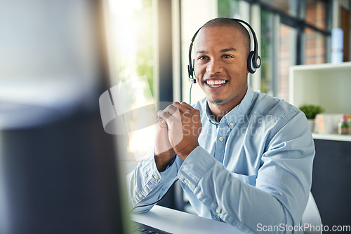 Image of Call center, customer service and happy black man on computer for consulting, help and advice. Telemarketing, communication and male consultant smile for contact, crm support and networking in office