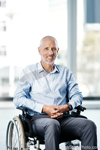Image of Insurance, wheelchair and portrait of a man with a disability at a hospital for rehabilitation. Disabled, healthcare and a senior patient with a smile at a clinic for nursing and recovery care