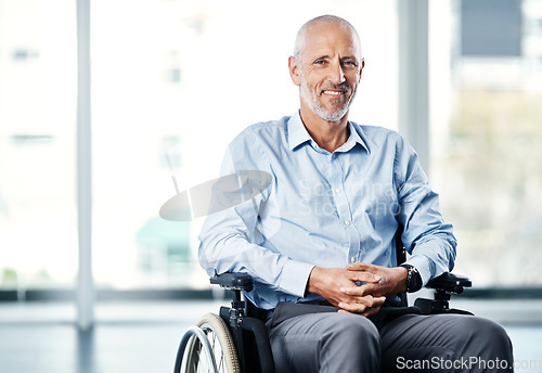 Image of Happy, wheelchair and portrait of a man with a disability at a hospital for rehabilitation. Disabled, health insurance and a senior patient with a smile at a clinic for nursing and recovery care