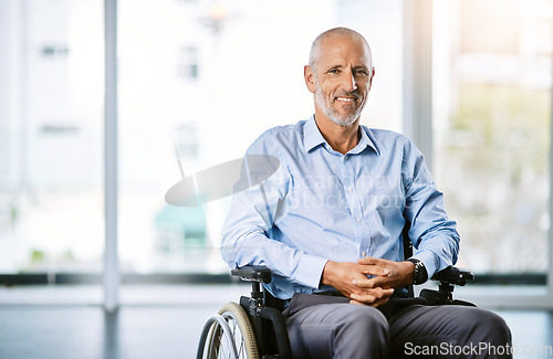 Image of Healthcare, wheelchair and portrait of a man with a disability at a hospital for rehabilitation. Disabled, health insurance and a senior patient with a smile at a clinic for nursing and recovery care