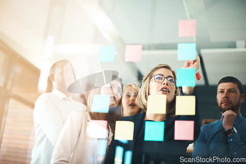 Image of Business people, teamwork and brainstorming ideas on glass for agenda, feedback and target in office. Woman, manager and employees planning schedule of project, timeline and mindmap with sticky note