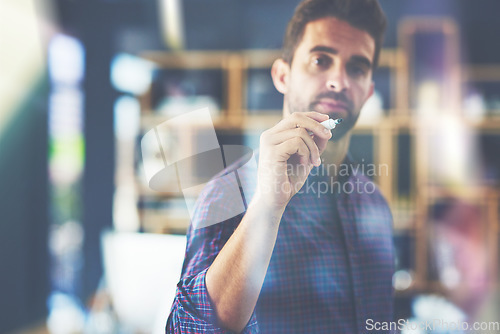 Image of Planning, ideas and businessman working in the office while doing research for a corporate strategy. Professional, writing and male employee brainstorming for a company project in workplace boardroom