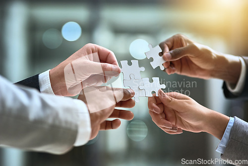 Image of Solution, puzzle and group of people hands for business goals, project integration and workflow or success. Team building, progress and development of person problem solving, synergy or collaboration