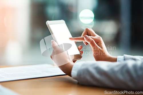 Image of Closeup, hands and woman a smartphone, mockup and typing with connection, screen or social media. Female person, girl or employee with a cellphone, communication or network with mobile app or contact