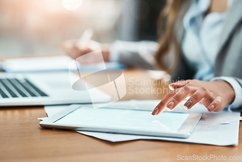 Image of Tablet, screen and business woman hands for market research, writing and planning at office desk. Typing, search and professional person with digital technology and notes for internet data and mockup