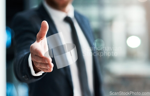 Image of Handshake, offer and success of business man partnership, agreement or introduction, hiring and welcome. Professional person shaking hands in pov meeting, crm deal or congratulations and thank you