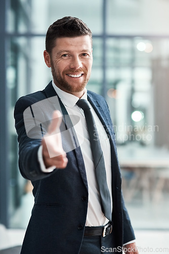 Image of Business man, portrait and handshake offer for job success, agreement or introduction, hiring and welcome. Happy person shaking hands in pov meeting, night deal or congratulations and thank you sign