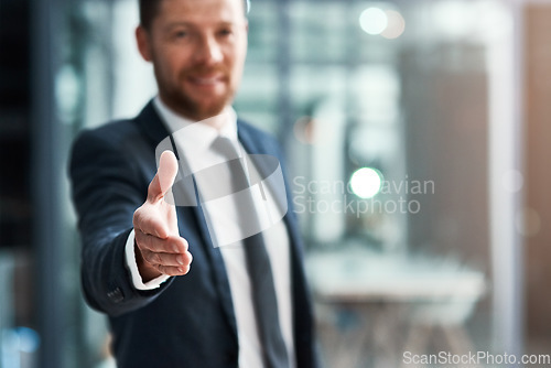 Image of Handshake, offer and portrait of professional man for success, agreement or introduction, hiring and welcome. Business person shaking hands in pov meeting, night deal or congratulations and thank you