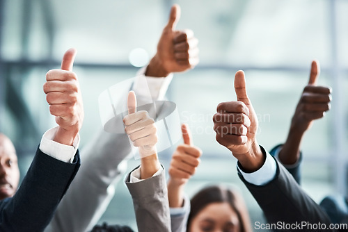 Image of Success, thumbs up and teamwork of people with thank you, support or group hands for vote, yes or like emoji. Great, ok and business women, men or winner with team work, thanks or winning sign in air