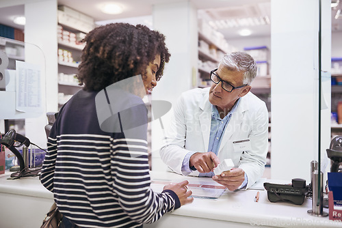 Image of Black woman shopping, medicine or mature pharmacist in pharmacy for retail healthcare pills or advice. Trust, product or senior doctor helping a customer with prescription medication or medical drugs