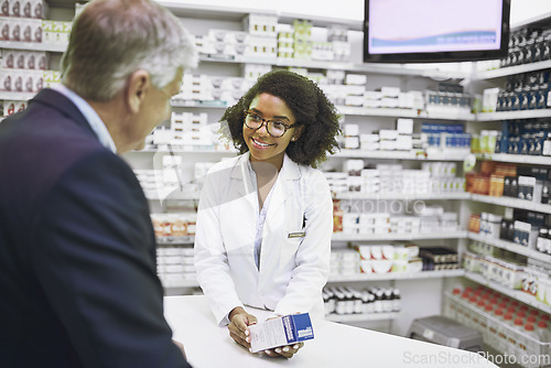 Image of Senior man shopping, pills or pharmacist in pharmacy for retail healthcare info, medicine or advice. Happy black woman or doctor helping mature customer with prescription medication or medical drugs