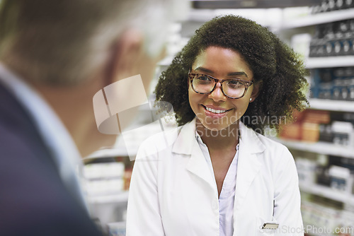 Image of Senior man shopping, talking or happy pharmacist in pharmacy for retail healthcare info, pills or advice. Black woman, smile or African doctor helping a mature customer or speaking in drugstore