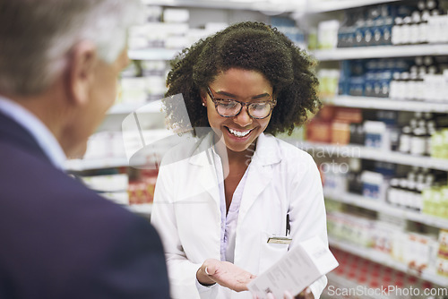 Image of Old man, medicine advice or pharmacist speaking in pharmacy for retail healthcare info, pills or advice. Black woman or doctor helping a mature customer with prescription medication or medical drugs
