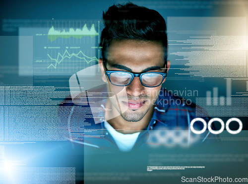 Image of Stats, overlay and a man with data for coding, programming or cloud computing at night in an office. Business, dark and a programmer with a network of charts and graphs to design an online system