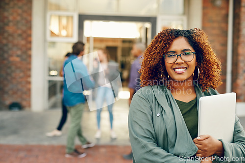 Image of Portrait, outdoor and woman with a laptop, university and happiness with education, knowledge and start studies. Face, female person or student outside, technology and college for learning and growth