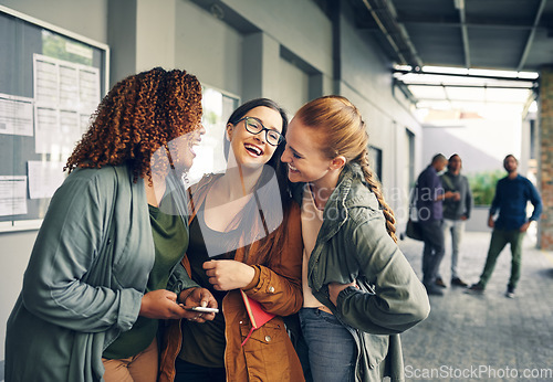 Image of Laughing, conversation and girl friends together outside a building speaking about gossip. Happy, diversity and women with smile talking, bonding and listening to comedy jokes on the internet outdoor