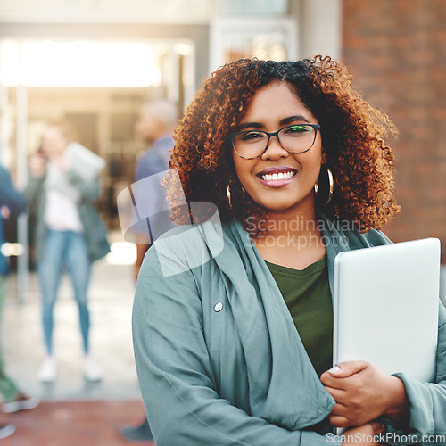 Image of Portrait, university and woman with a laptop, outdoor and education with career development, growth and skills. Face, happy female person and student with a pc, technology and college with knowledge