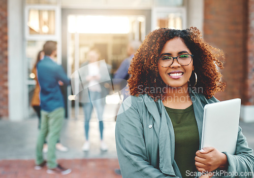 Image of Portrait, campus and woman with a laptop, college and education with connection, smile and studying. Face, happy female person or student with technology, pc and outdoor with knowledge and university