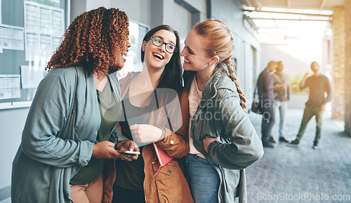 Image of Communication, talking and girl friends laughing together outside a building speaking about gossip. Happy, diversity and women with smile bonding and listening to comedy jokes on the internet outdoor