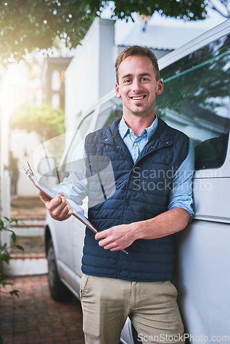 Image of Portrait, documents and a delivery man with his van, checking a clipboard for an order or address. Logistics, ecommerce or supply chain with a male courier reading an inventory checklist for shipping