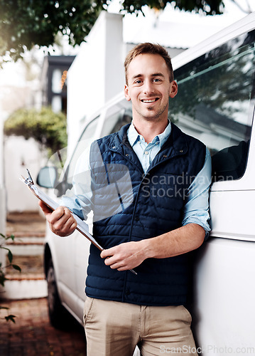 Image of Portrait, delivery and a courier man with his van, holding a clipboard for an order or address. Logistics, ecommerce and supply chain with a male driver carrying shipping documents for inventory