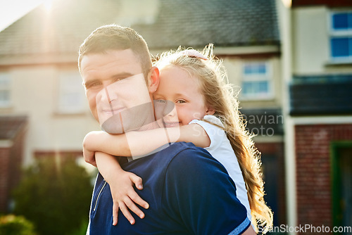 Image of Portrait, children and a piggyback girl with her dad in the backyard of their home together for bonding. Face, kids and a playful man carrying his daughter outside in the garden during a summer day