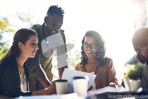 Image of Business meeting, documents and people at a cafe for planning, idea and remote work. Coffee shop, proposal and creative person team collaboration on design, development or brainstorming solution