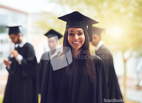 Image of Portrait, graduation and woman with a smile, outdoor and education with qualification, certificate and success. Female person, face or student with achievement, knowledge or development with a degree