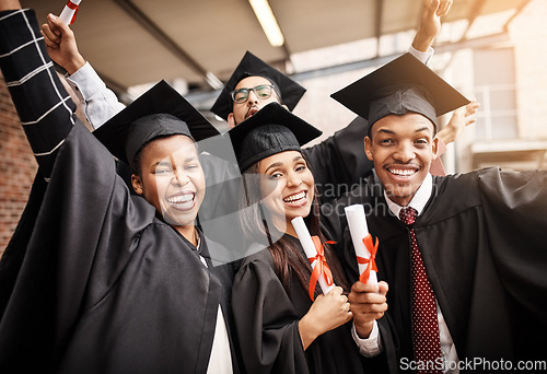 Image of Graduation, students and happy portrait of college friends with a diploma outdoor. Diversity men and women excited to celebrate university achievement, education success and school graduate event