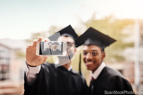 Image of Phone screen, graduation and selfie of college friends or students with smile outdoor. Men happy to celebrate university achievement, education success and future or graduate memory at school event