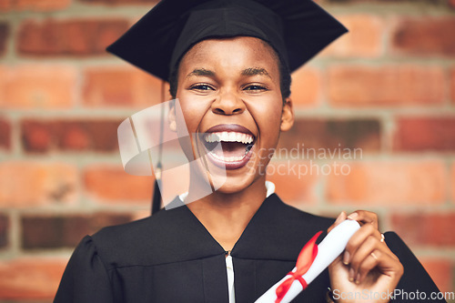 Image of Black woman, graduation and portrait of a college student with a diploma and happiness outdoor. Female person excited to celebrate university achievement, education success and future at school event