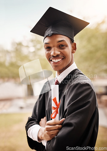 Image of College student, portrait and black man at graduation with a diploma and smile outdoor. Male person happy to celebrate university achievement, education success and future at school event as graduate