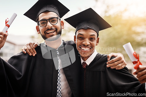 Image of Friends, graduation and portrait of a college students with a diploma and happiness outdoor. Men happy to celebrate university achievement, education success and graduate future at school event