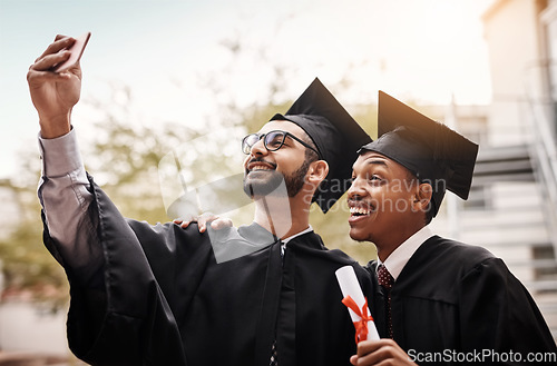 Image of Friends, graduation and selfie of a college students with a diploma and smile outdoor. Men happy to celebrate university achievement, education success and future at school event with graduate memory