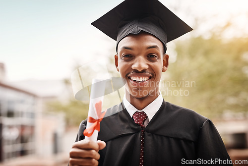 Image of Graduation, black man and portrait of a university student with a diploma and happiness outdoor. Male person happy to celebrate college achievement, education success and future at school event