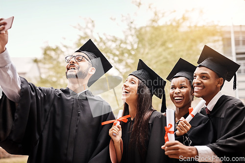 Image of Selfie, graduation and college or university friends with diploma and happiness outdoor. Diversity men and women celebrate education achievement, success and future at school event as graduate memory