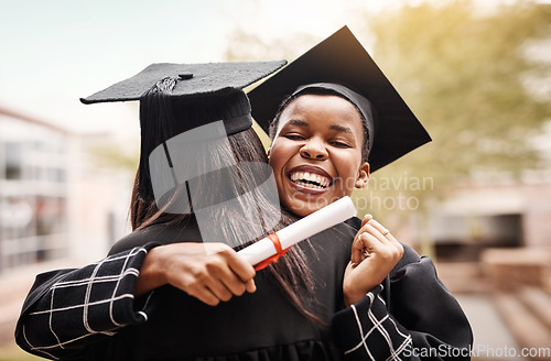 Image of Friends, hug and graduation at college for students with a diploma and support outdoor. Graduate women excited to celebrate university achievement, education success and future at school event