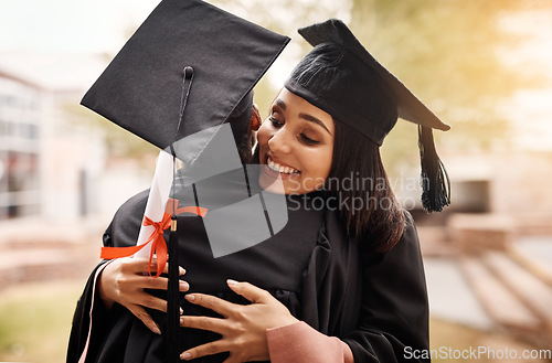Image of Hug, students and graduation at college for women with a diploma and support outdoor. Graduate celebration with friends happy for university achievement, education success and future at school event
