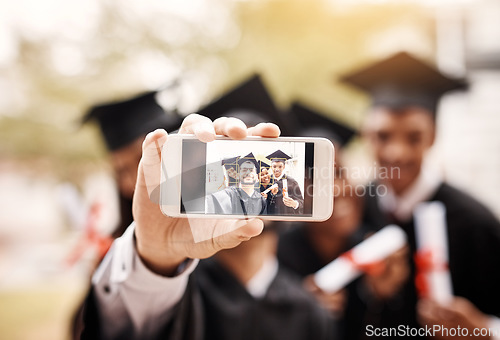 Image of Graduation, phone screen and selfie of college or university friends and student diploma outdoor. Face of men and women happy to celebrate university achievement, education success or graduate memory