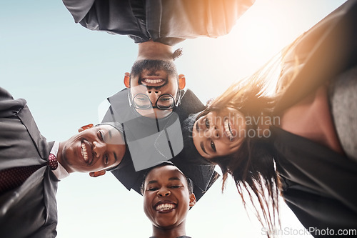 Image of Graduation, students group and face portrait of college friends with a smile and pride outdoor. Below diversity men and woman excited to celebrate university achievement, education success and future