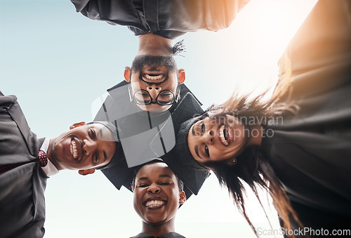 Image of Student group, graduation and face portrait of college friends with smile and pride outdoor. Below diversity men and women excited for university achievement, education success and graduate future