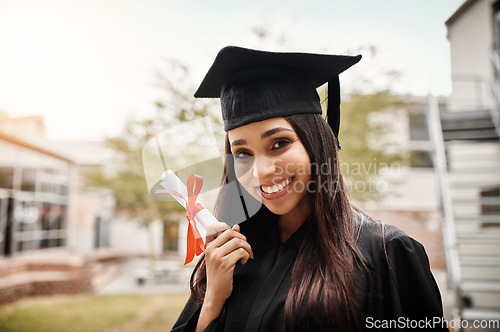 Image of Portrait, diploma and woman with graduation, university and happiness with knowledge, education and achievement. Face, female person and student with a degree, scholarship and celebration with goals