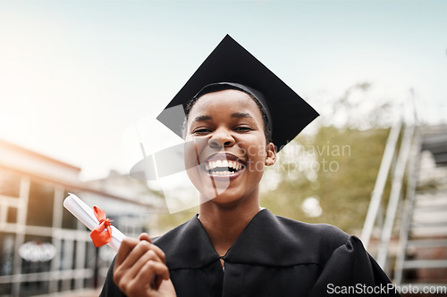 Image of Portrait, university and black woman with a diploma, graduation and success with knowledge. Face, female person or student outdoor, celebration or event with degree, goal or graduate with achievement