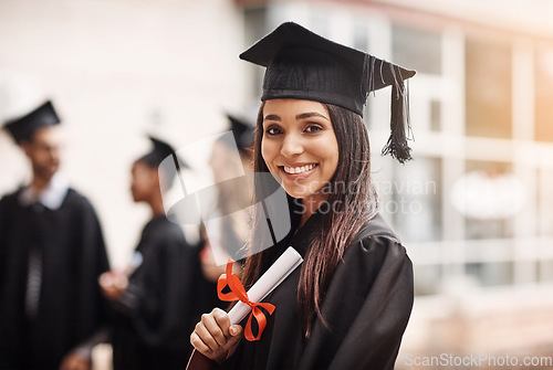 Image of Graduation, diploma and portrait of a woman or college student with happiness and pride outdoor. Female person excited to celebrate university achievement, education success and school graduate event