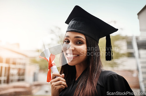 Image of Portrait, achievement and woman with diploma, graduation and scholarship with celebration, event and happiness. Face, female person or happy student with a degree, ceremony and success with education